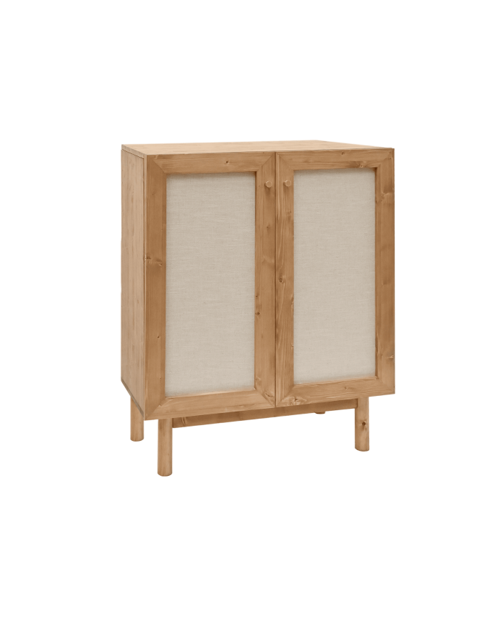 Deco wood Aparador de madera maciza y tejido de lino de 2 puertas en tono roble oscuro de 100x80cm