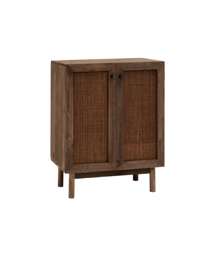 Deco wood Aparador de madera maciza y tejido de rafia de 2 puertas en tono nogal de 100x80cm