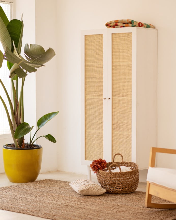 Deco Wood Armario De Madera Maciza Y Medula De Ratán En Tono Blanco De 180x80cm