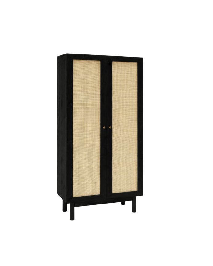 Deco wood Armario de madera maciza y medula de ratán en tono negro de 180x80cm