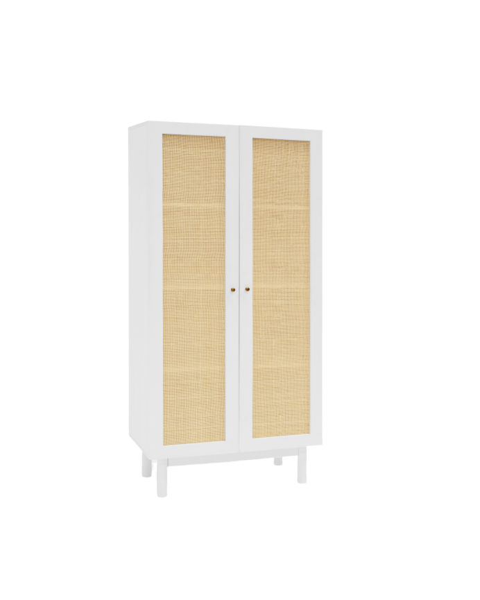 Deco wood Armario de madera maciza y medula de ratán en tono blanco de 180x80cm