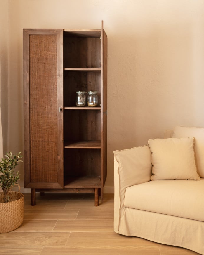 Deco Wood Armario De Madera Maciza Y Rafia En Tono Nogal 180x80cm