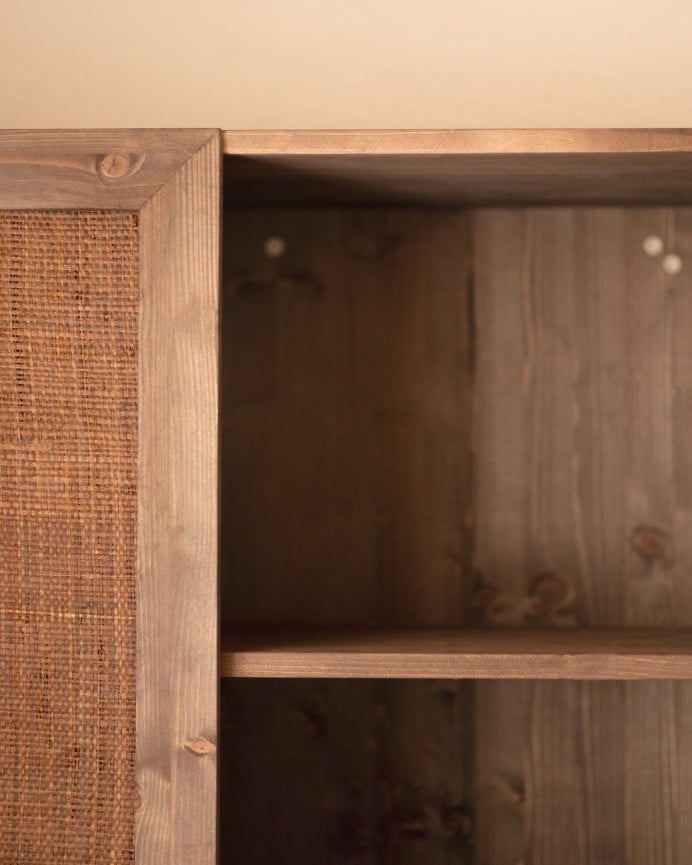 Deco Wood Armario De Madera Maciza Y Rafia En Tono Nogal 180x80cm