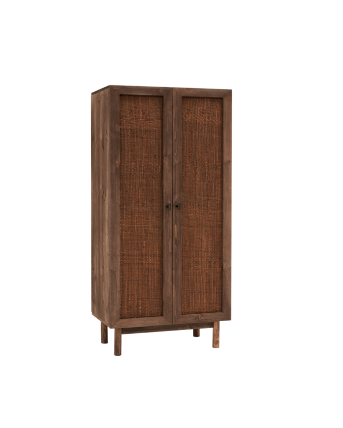 Deco wood Armario de madera maciza y rafia en tono nogal 180x80cm