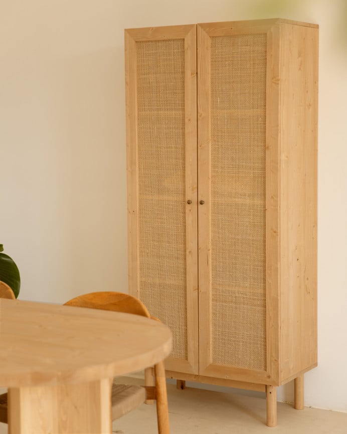 Deco Wood Armario De Madera Maciza Y Rafia En Tono Roble Medio 180x80cm