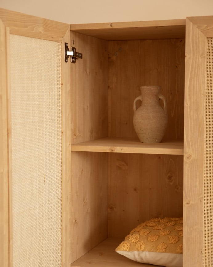 Deco Wood Armario De Madera Maciza Y Rafia En Tono Roble Medio 180x80cm