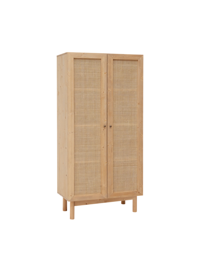 Deco wood Armario de madera maciza y rafia en tono roble medio 180x80cm