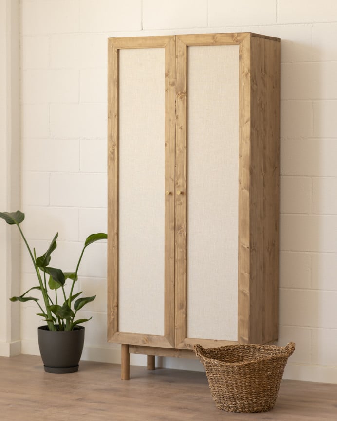 Deco Wood Armario De Madera Maciza Y Tejido De Lino En Tono Roble Oscuro De 180x80cm