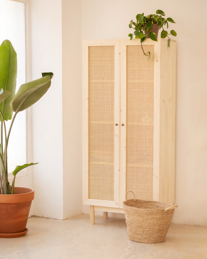 Deco Wood Armario Elaborado Con Madera De Abeto Y Tejido De Médula De Ratán De 180x80cm