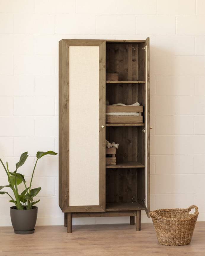 Deco Wood Armario Elaborado Con Madera De Abeto Y Tejido De Lino Tono Nogal De 180x80cm