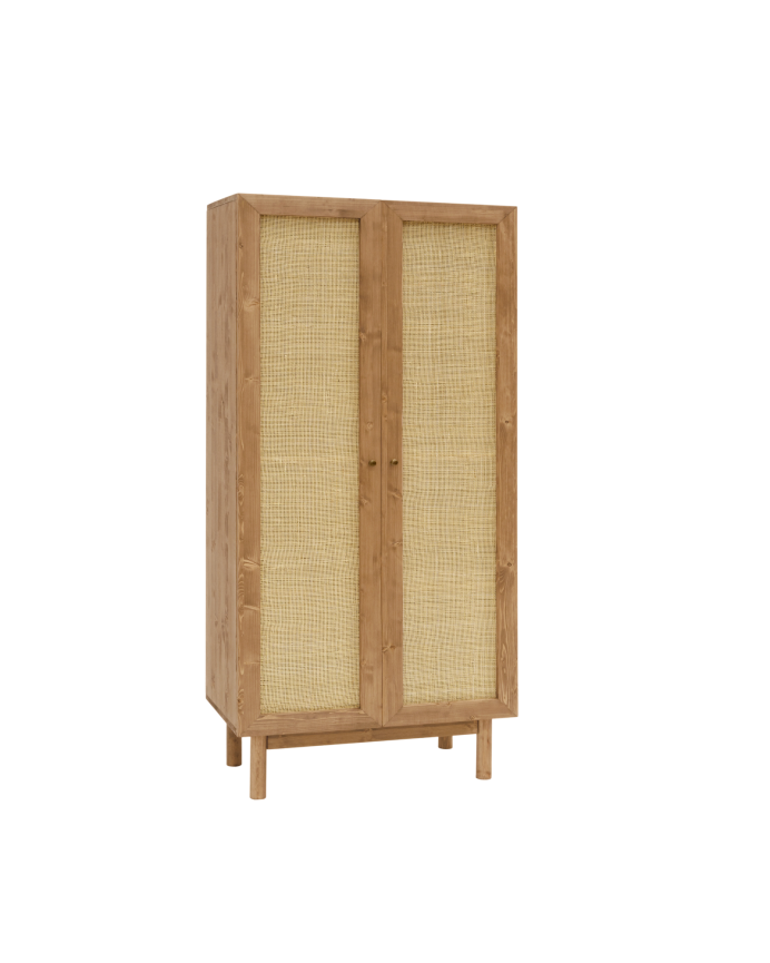 Deco wood Armario elaborado con madera natural de abeto y tejido de médula de ratán de 180x80x40cm