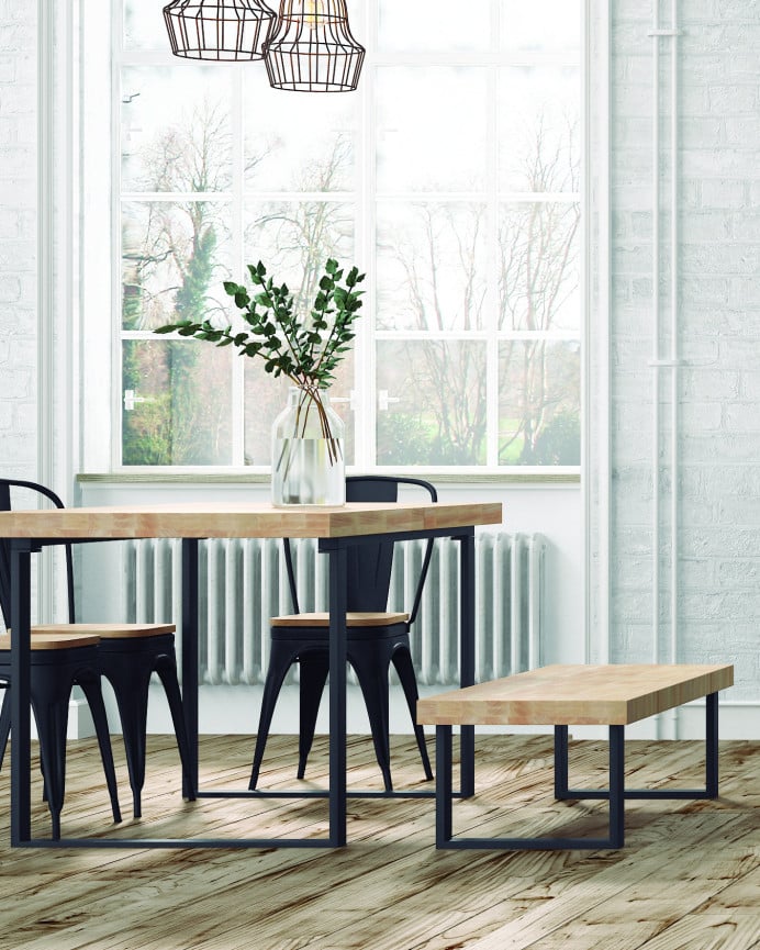 Deco Wood Banco De Madera Maciza Tono Natural Con Patas De Hierro Negras De 47x120cm