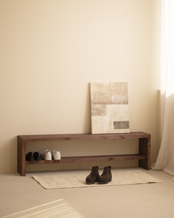 Deco Wood Banco Zapatero De Madera Maciza En Tono Nogal De 145x45cm