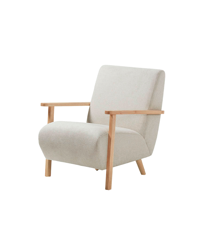 Deco wood Butaca de madera maciza con asiento de tela en color beige de 82x70cm