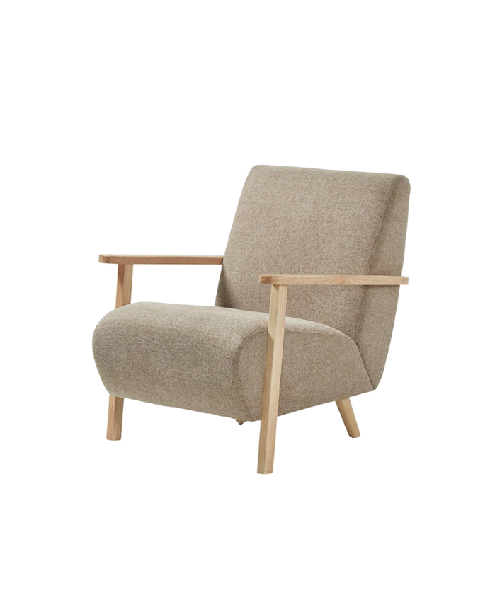 Deco wood Butaca de madera maciza con asiento de tela en color topo de 82x70cm