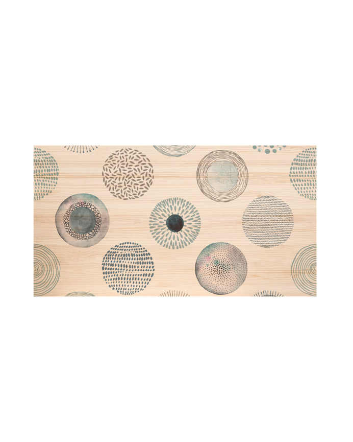 Deco wood Cabecero de madera maciza estampado motivo Círculos abstractos azul decapado de 90x80cm