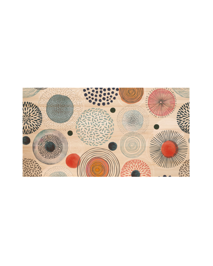 Deco wood Cabecero de madera maciza estampado motivo Círculos abstractos multicolor decapado de 90x80cm