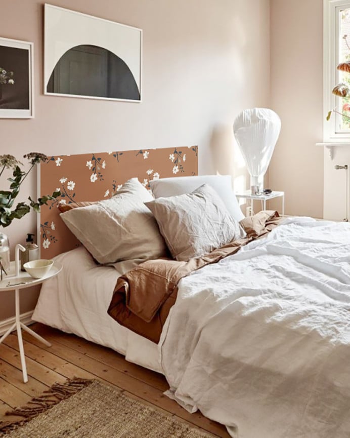 Deco Wood Cabecero De Madera Maciza Estampado Motivo Flower Terracotta Decapado De 90x80cm