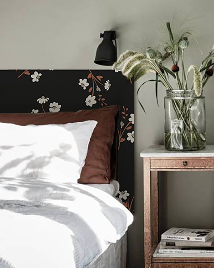 Deco Wood Cabecero De Madera Maciza Estampado Motivo Flower Black Decapado De 90x80cm