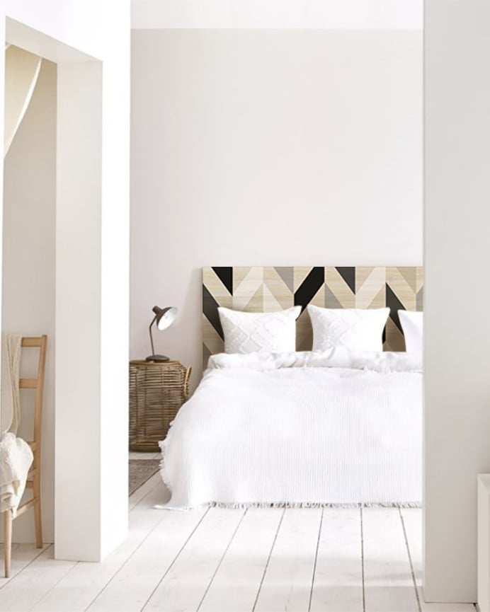 Deco Wood Cabecero De Madera Maciza Estampado Motivo Geométrico Zig-zag Negro De 90x80cm