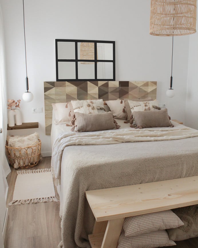 Deco Wood Cabecero De Madera Maciza Estampado Motivo Geométrico Marrón En Tono Natural De 90x80cm