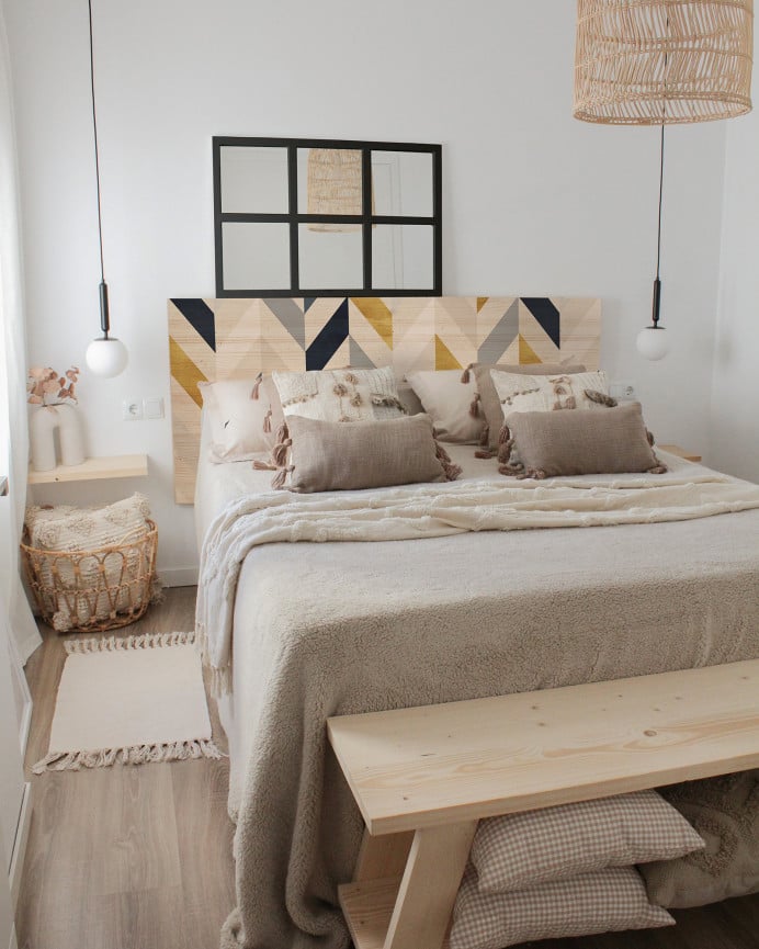 Deco Wood Cabecero De Madera Maciza Estampado Motivo Geométrico Zig-Zag Decapado De 90x80cm