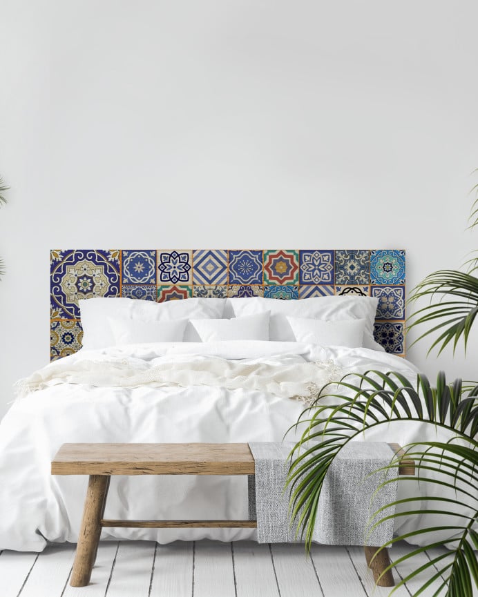 Deco Wood Cabecero De Madera Maciza Estampado Motivo Hidráulico Decapado De 90x80cm