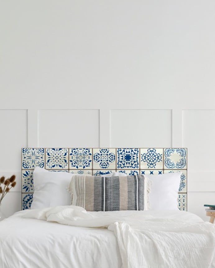 Deco Wood Cabecero De Madera Maciza Estampado Motivo Hidráulico I Decapado De 90x80cm