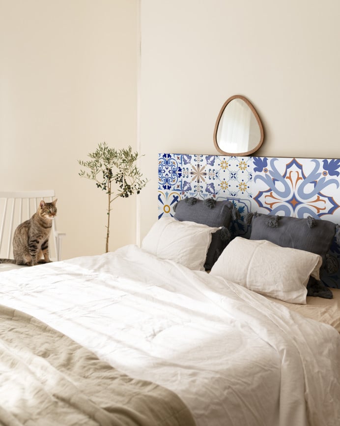 Deco Wood Cabecero De Madera Maciza Estampado Motivo Hidráulico Azul Decapado De 90x80cm