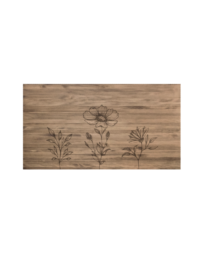 Deco wood Cabecero de madera maciza estampado motivo Tres flores en tono roble oscuro de 90x80cm