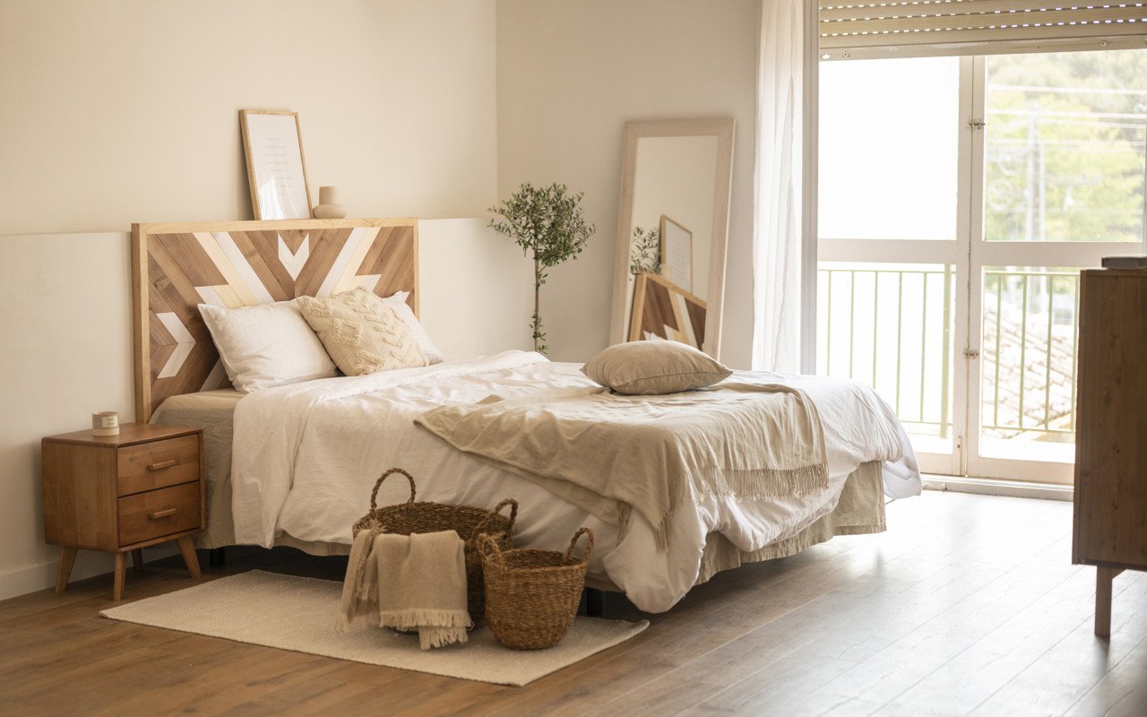 Deco Wood Cabecero De Madera Maciza Estilo étnico En Tonos Roble Oscuro Natural Y Blanco De 80x165cm