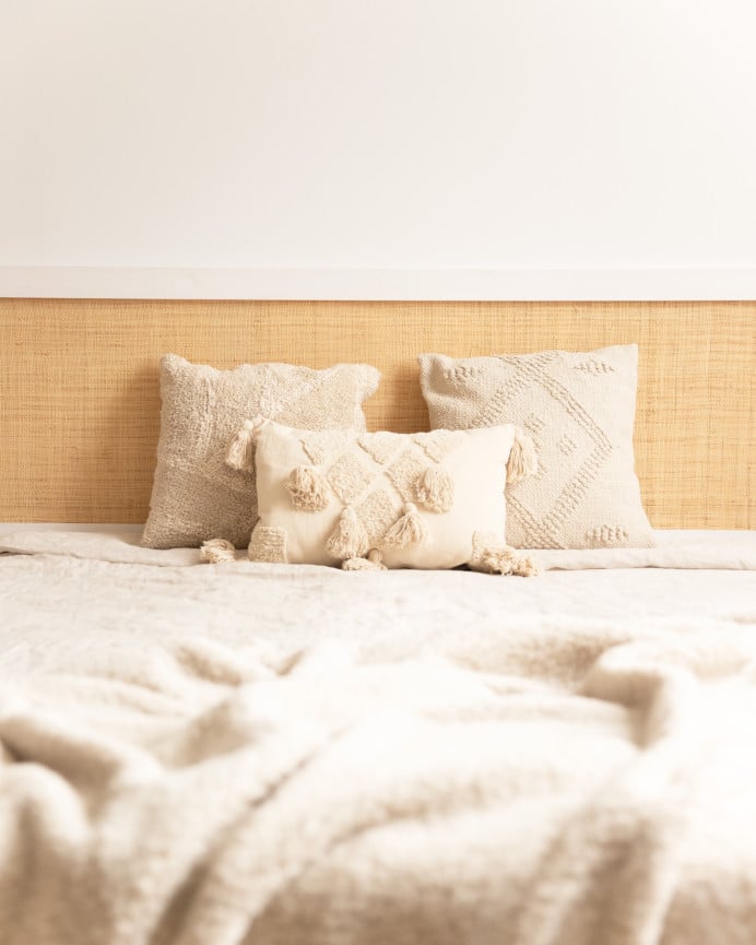 Deco Wood Cabecero De Madera Maciza Y Rafia En Tono Blanco De 100x60cm