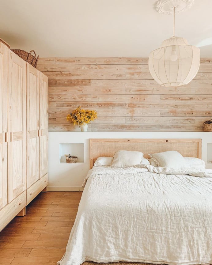 Deco Wood Cabecero De Madera Maciza Y Rafia En Tono Natural De 100cm