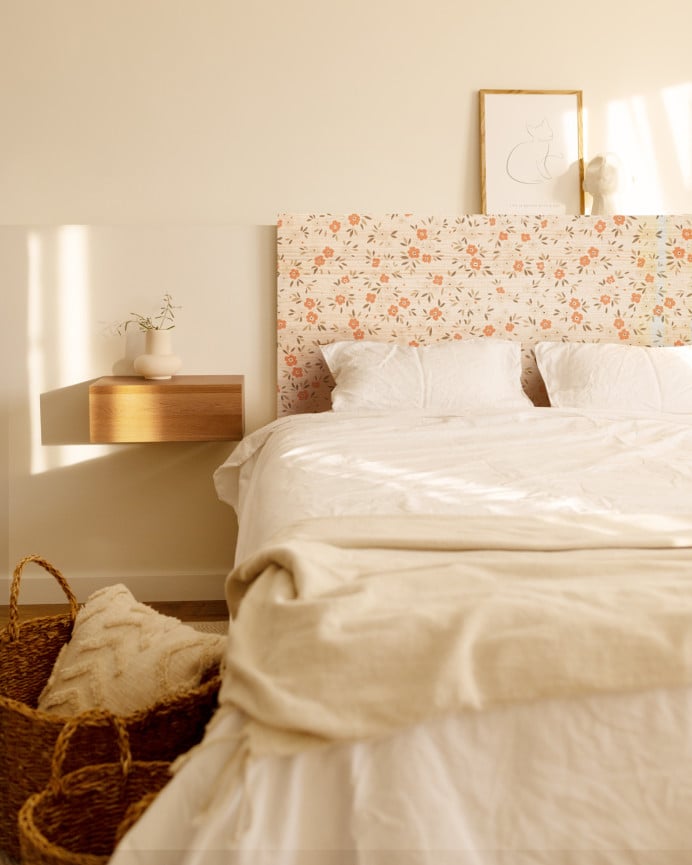 Deco Wood Cabecero De Madera Maciza Y Rafia En Tono Natural De 90x80cm