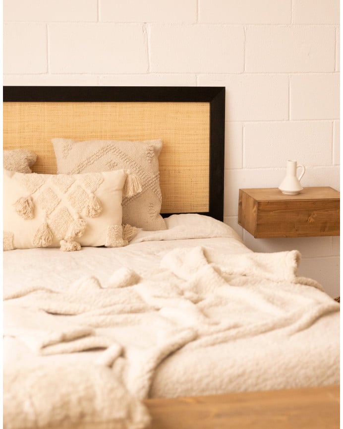 Deco Wood Cabecero De Madera Maciza Y Rafia En Tono Negro De 100x60cm