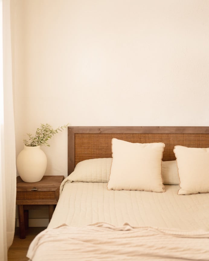 Deco Wood Cabecero De Madera Maciza Y Rafia En Tono Nogal De 100x60cm