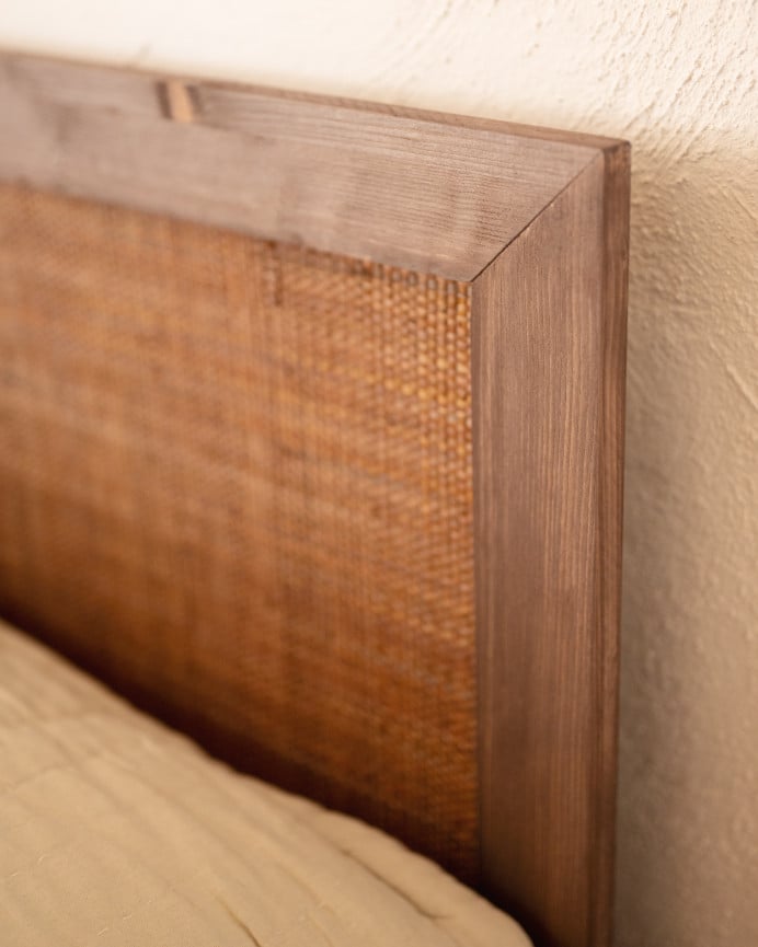 Deco Wood Cabecero De Madera Maciza Y Rafia En Tono Nogal De 100x60cm