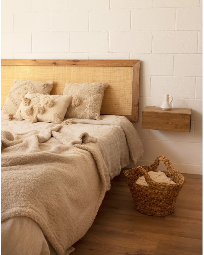 Deco Wood Cabecero De Madera Maciza Y Rafia En Tono Roble Oscuro De 100x60cm