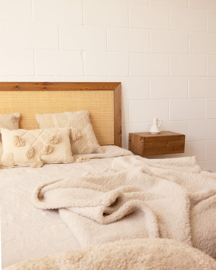 Deco Wood Cabecero De Madera Maciza Y Rafia En Tono Roble Oscuro De 100x60cm