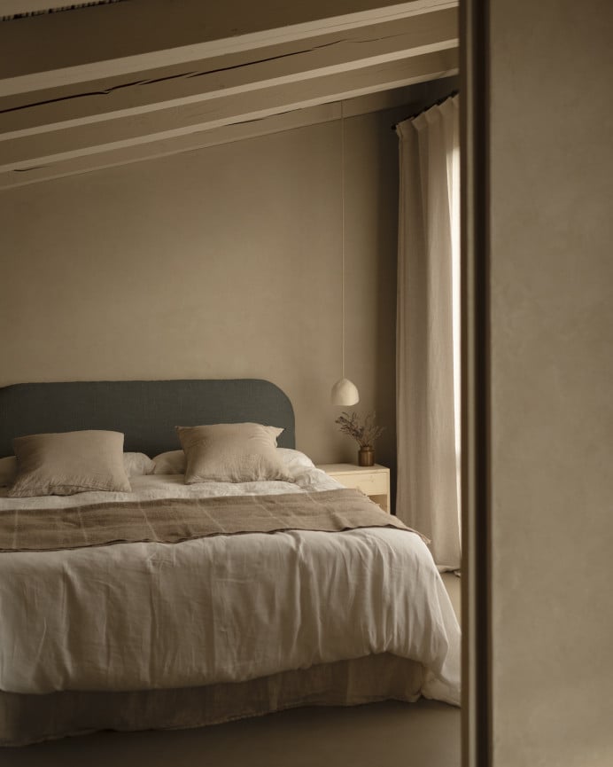 Deco Wood Cabecero Tapizado Desenfundable De Lino Azul De 120x110cm