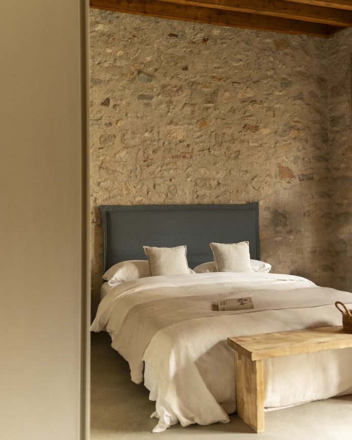 Deco Wood Cabecero Tapizado Desenfundable De Lino Azul De 120x110cm