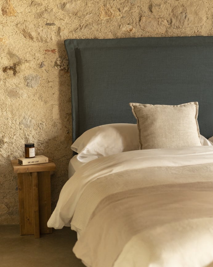 Deco Wood Cabecero Tapizado Desenfundable De Lino Azul De 120x110cm