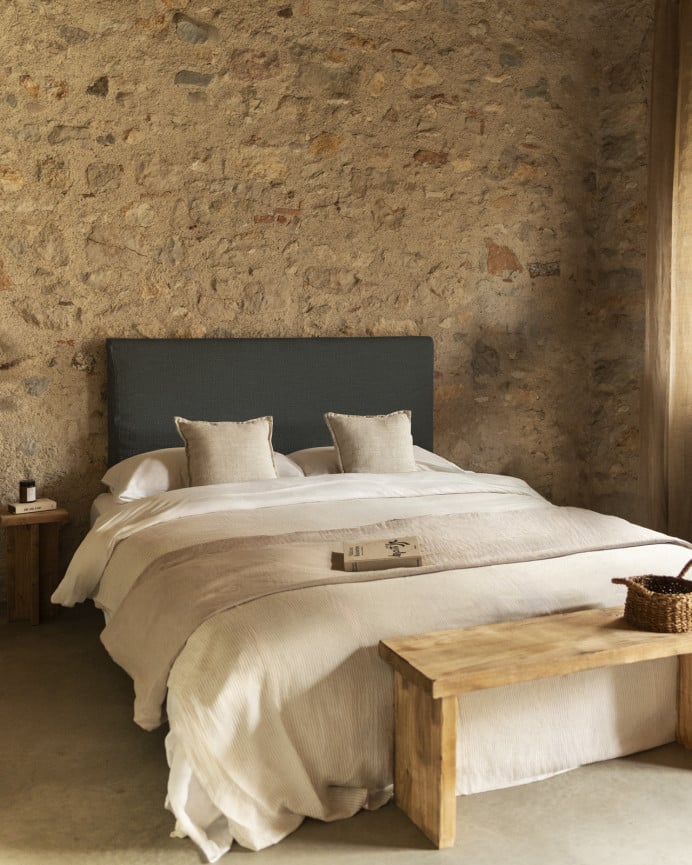 Deco Wood Cabecero Tapizado Desenfundable De Lino Azul De 120x110cm