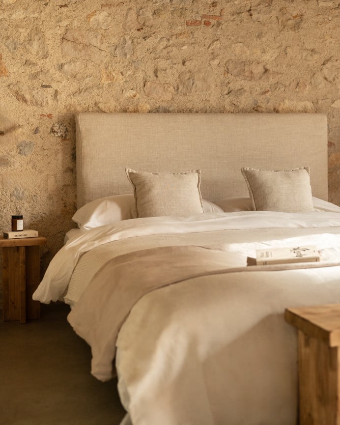 Deco Wood Cabecero Tapizado Desenfundable De Lino Beige De 120x110cm