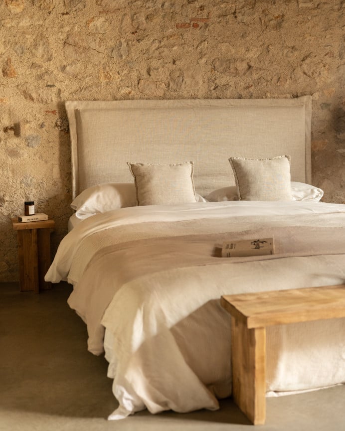 Deco Wood Cabecero Tapizado Desenfundable De Lino Beige De 120x110cm