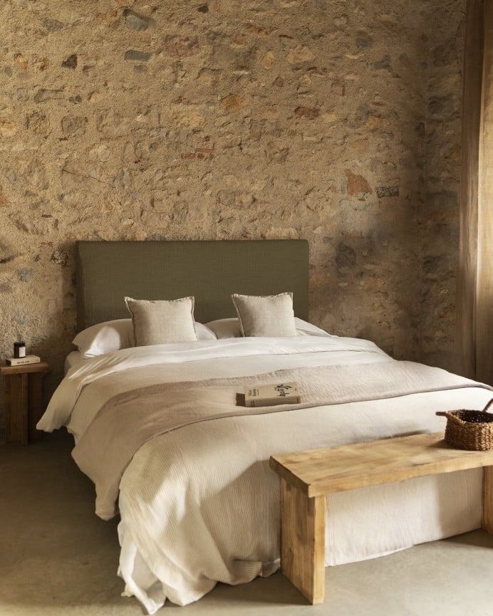 Deco Wood Cabecero Tapizado Desenfundable De Lino Verde De 120x110cm