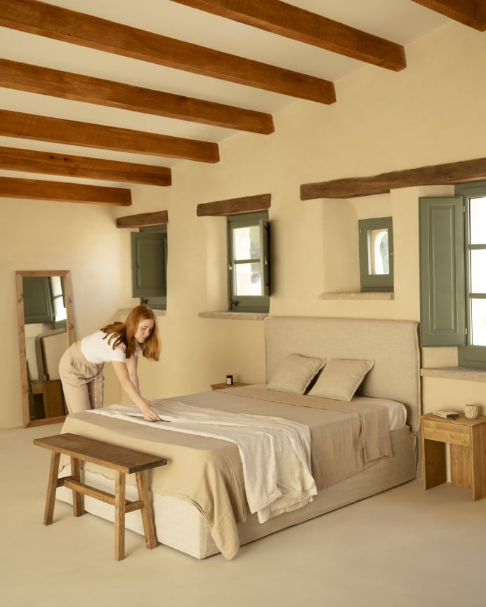 Deco Wood Cama Con Canapé Desenfundable De Lino Beige Para Colchón De 90x200cm