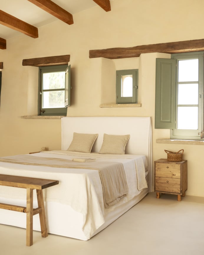 Deco Wood Cama Con Canapé Desenfundable De Lino Blanco Para Colchón De 90x200cm