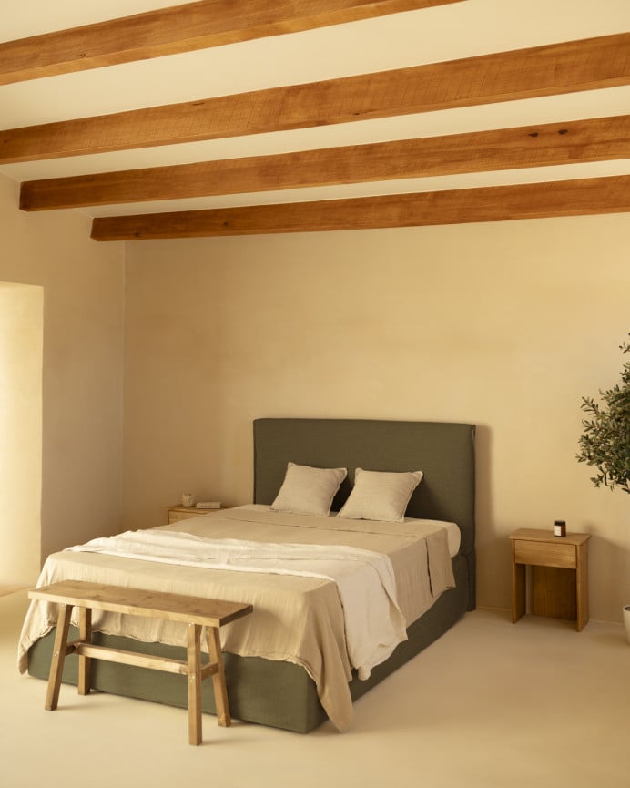 Deco Wood Cama Con Canapé Desenfundable De Lino Verde Para Colchón De 90x200cm