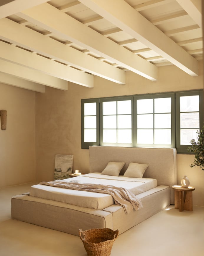 Deco Wood Cama Desenfundable De Lino Beige Para Colchón De 90x200cm